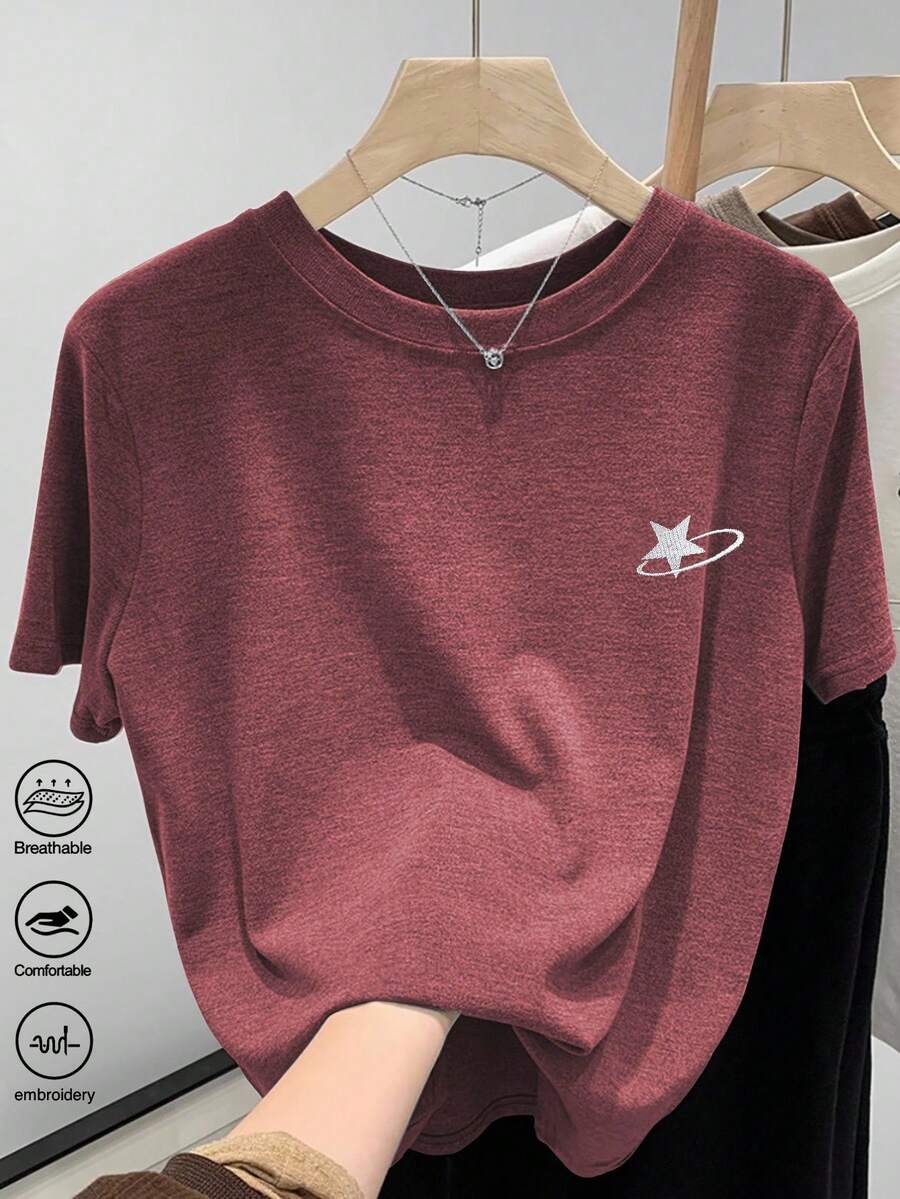 SHEIN Basic Short Sleeve T-Shirt With Simple Horse Embroidery, Factory Price - Burgundy - View 1