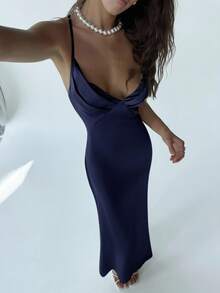 Aloruh 女士优雅纯色褶皱细肩带露背连衣裙，夏季 - 藏蓝色 - 查看 7