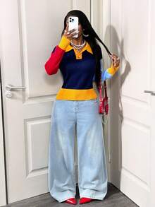 BamGleam Suéter de Tricô Casual com Mangas Longas, Gola Colorida para Outono/Inverno Feminino - Multicolorido - Visão 6
