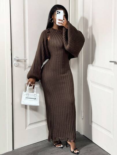 BamGleam Women's Elegant Knitted Maxi Dress Set, Autumn/Winter
