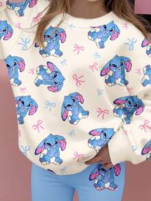 SHEIN 2pcs/Set Young Girl Cream White & Blue Cute Cartoon Rabbit Lulu, Bow, Stitch Graphic Soft Round Neck Long Sleeve Sweatshirt And Leggings, Autumn/Winter Outfit Fall - Multicolor - View 3