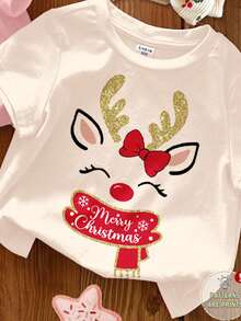 SHEIN 3 pièces T-shirts à col ras du cou manches courtes décontractés pour bébés filles avec des motifs de Noël mignons comme amande crème, rose crème, rouge de Noël, célébration de dessin animé, bonhomme de neige amusant, flocon de neige, Père Noël, convenant pour toutes les saisons - Multicolore - Voir 3