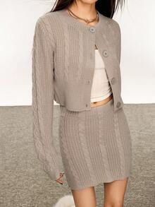 INAWLY Ensemble pull torsadé en tricot de câble et mini-jupe - Gris - Voir 5