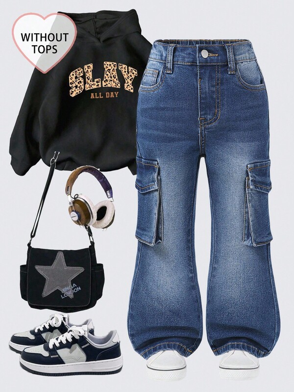 2025 Autumn/Winter Y2K Style Pleated Washed Blue Cat Whisker Casual Cute Everyday Wear, School, Gathering, Home, Back To School Baggy Multi-Pocket Elastic Waist Flared Washed Blue Cargo Jeans, Versatile For All Seasons