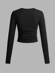 SHEIN EZwear 3件套女士休闲纯色圆领褶皱长袖T恤，秋冬 - 黑色 - 查看 9