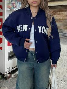 INAWLY Women's Casual Sports College Style Letter Embroidery Drop Shoulder Loose Baseball Jacket - Navy Blue - View 3