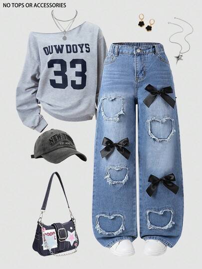 SHEIN ChillGRL Denimly Young Girl Retro Fashion Street Style Elastic Waist Button Front Zipper Black Bow Decor Love Patch Embroidered Denim Pants, Plus Size Fall Winter