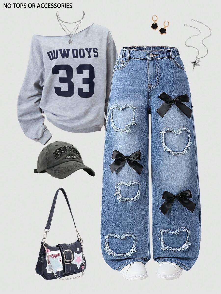 SHEIN ChillGRL Denimly 年轻女孩复古时尚街头风格松紧腰纽扣前拉链黑色蝴蝶结装饰爱心贴片刺绣牛仔裤，加大码 - 中等水洗藍 - 查看 1