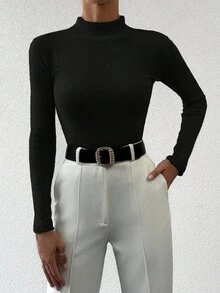 EURMUSE Women's Slim Fit Solid Color Stand Collar Sweater - Black - View 5