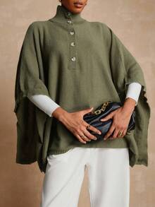 Lyxana Women's Solid Color High Collar Button Elegant Poncho Sweater - Army Green - View 1