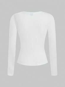 SHEIN EZwear 2pcs/Set Women White Crew Neck Casual Slim Fit Long Sleeve T-Shirt Set, Suitable For Autumn/Winter,White Shirt - White - View 6