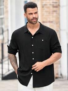 EASEVO Plus Size Men's Casual Solid Color Long Sleeve Shirt, Fall - Black - View 5