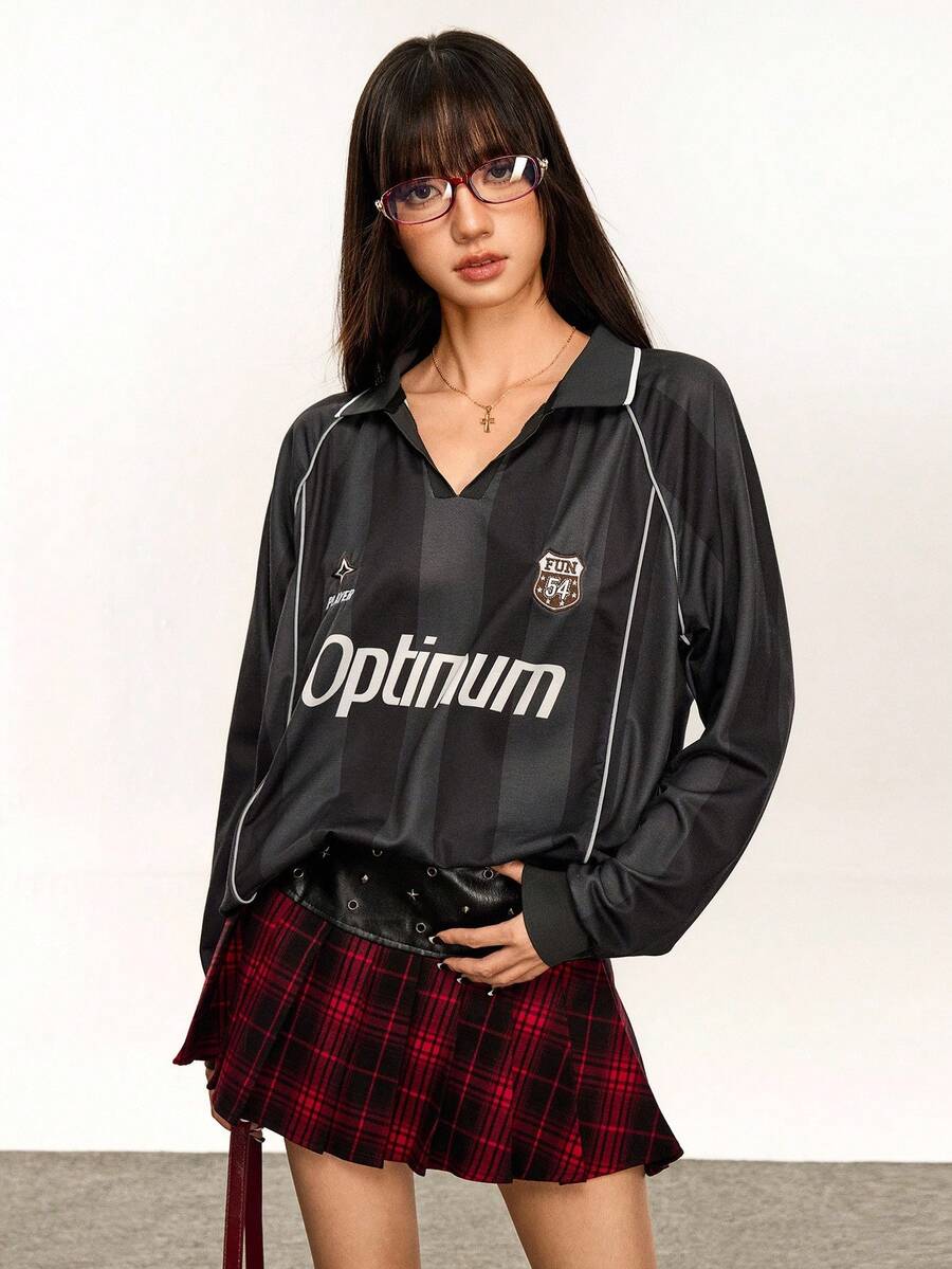 Rina Fox Women's Casual Striped Letter Print Polo Shirt, Autumn - Black - View 1