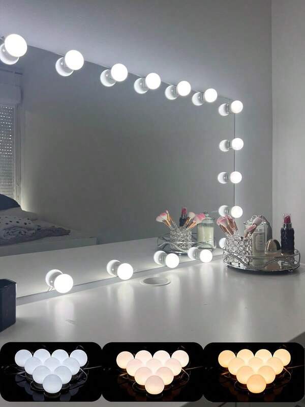 1 pièce Miroir de maquillage avec 4/6/8/10/12/14 ampoules LED, lumière de miroir de vanité à 3 couleurs alimentée par USB, réglable, convient pour la maison et les chambres à coucher