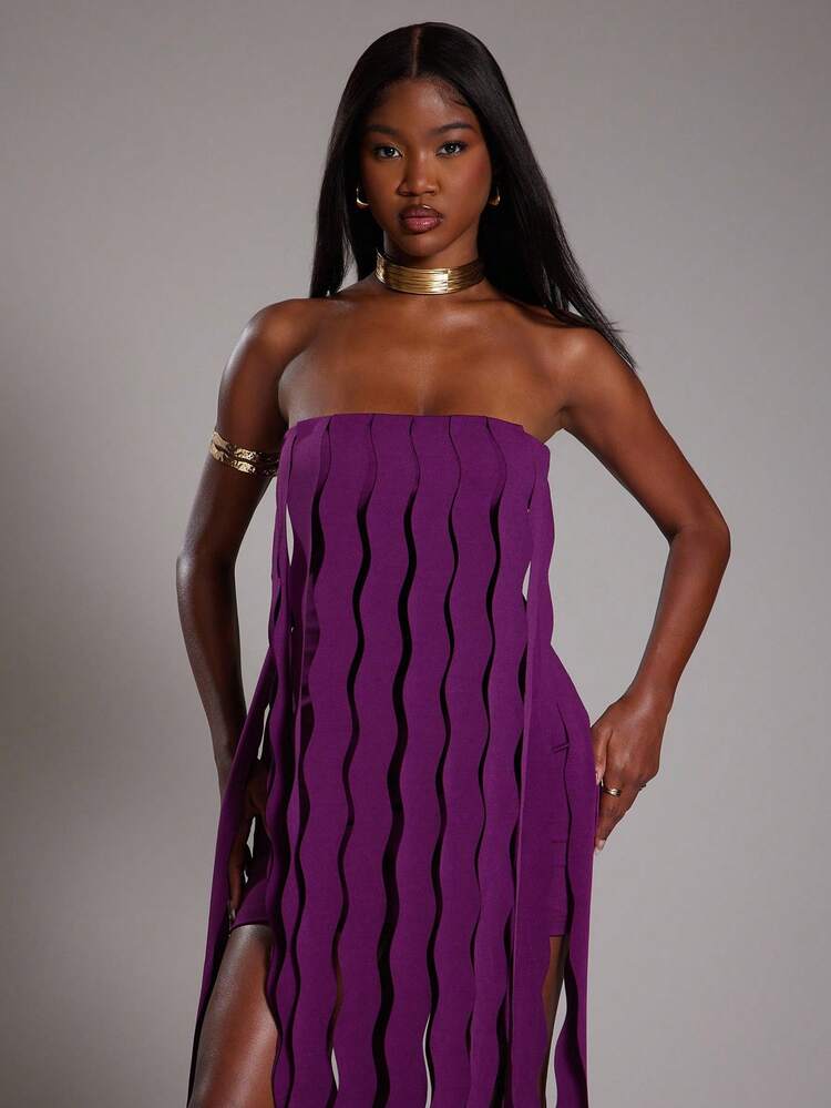 NYA SZN Đầm không dây không tay bồng bềnh chi tiết bèo nhún dịp đặc biệt sinh nhật dễ thương sự kiện thu đông thích hợp mặc đi làm trang phục cho phụ nữ - Bold Plum - Xem 4