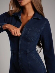 NYA SZN 连体裤牛仔布修身紧身工装口袋细节束带街头风格乡村朴素老钱教堂商务休闲办公室教师秋冬适合女性通勤服装 - 深色水洗藍 - 查看 6