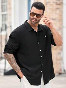 EASEVO Plus Size Men's Casual Solid Color Long Sleeve Shirt, Fall - Black - View 1