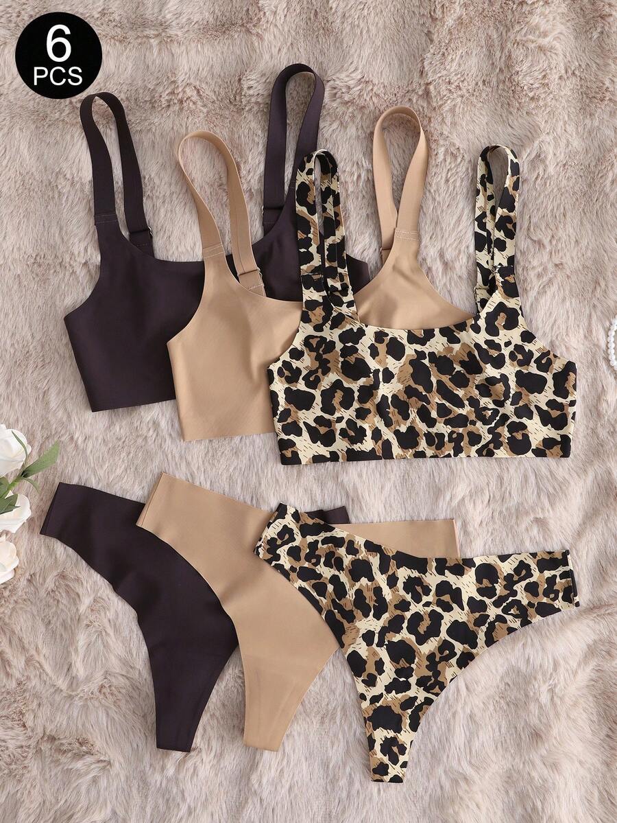 6 st set med leopardmönster och minimalistiskt, bygelfritt set med låg midja och trosor för kvinnor