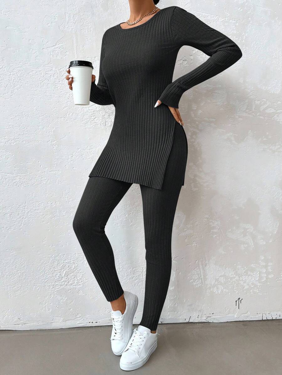 Cloudara Cotton Ladies' Solid Ribbed Round Neck T-Shirt With Side Slits On Hem And Skinny Pants Two Pieces Set - Dark Grey - View 1