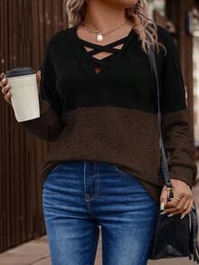 EMERY ROSE Women's Autumn/Winter Contrast Color Patchwork Casual Plus Size Sweatshirt - Multicolor - View 3