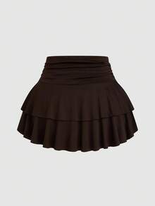 Sweetra Bộ váy hai mảnh tối giản không tay xếp ly eo kim loại màu nâu, trang trí vai bất đối xứng cỡ lớn - màu nâu - Xem 14