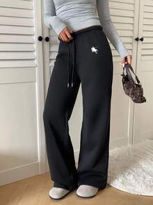 SHEIN EZwear Pantalones deportivos informales con estampado de logo de caballo pequeño, cintura con cordón, estilo universitario, apropiados para la temporada escolar y uso diario