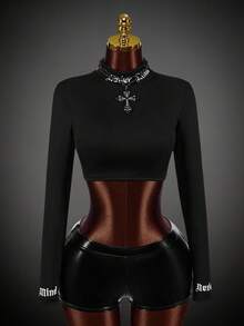 SHEIN ICON Camiseta de cuello alto con agujero para el pulgar y letra estampada en negro, estilo Gorpcore - Negro - Ver 3