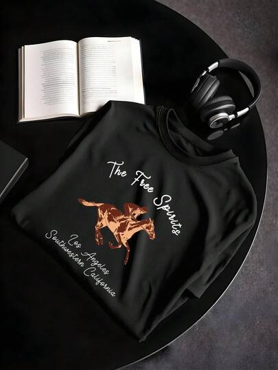 StoneGrade 复古美国赛马插画印花休闲宽松男士黑色短袖 T 恤