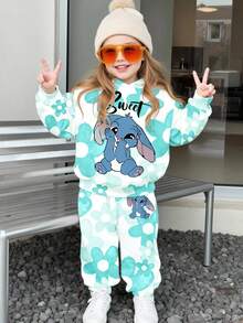 SHEIN 2 件套卡哇伊卡通蓝色兔子露露，针脚图案，渐变花卉印花宽松休闲套头连帽衫套装，适合年轻女孩，返校季，2000 年代风格，韩版，秋冬，垃圾摇滚，条纹，舒适轻松，时尚童装，可爱连帽衫，女童冬装，嬉皮士，音乐节，BM，复古甜美 - 彩色 - 查看 2