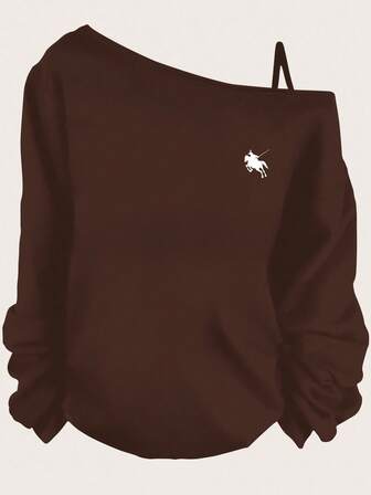 SHEIN Essnce Casual Equestrian Rider Pattern Spaghetti Strap Long Sleeve T-Shirt For Women, Suitable For SpringIn Fall/Winter