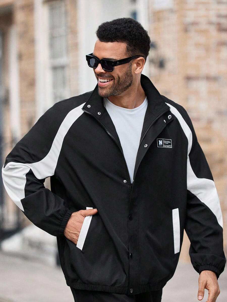 EASEVO 男士时尚拼布夹克，秋冬 - 黑色 - 查看 1
