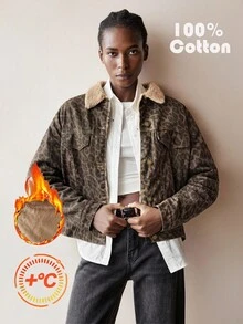 Maija 女式豹纹牛仔保暖内衬夹克复古长袖夹克豹纹图案冬季休闲装 - 彩色 - 查看 4