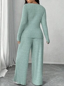 Calvaya Bộ đồ mặc nhà thường ngày 2 món áo thun dài tay dệt kim gân mềm mại cỡ lớn + quần ống rộng gân mềm mại - Màu xanh nhạt - Xem 2