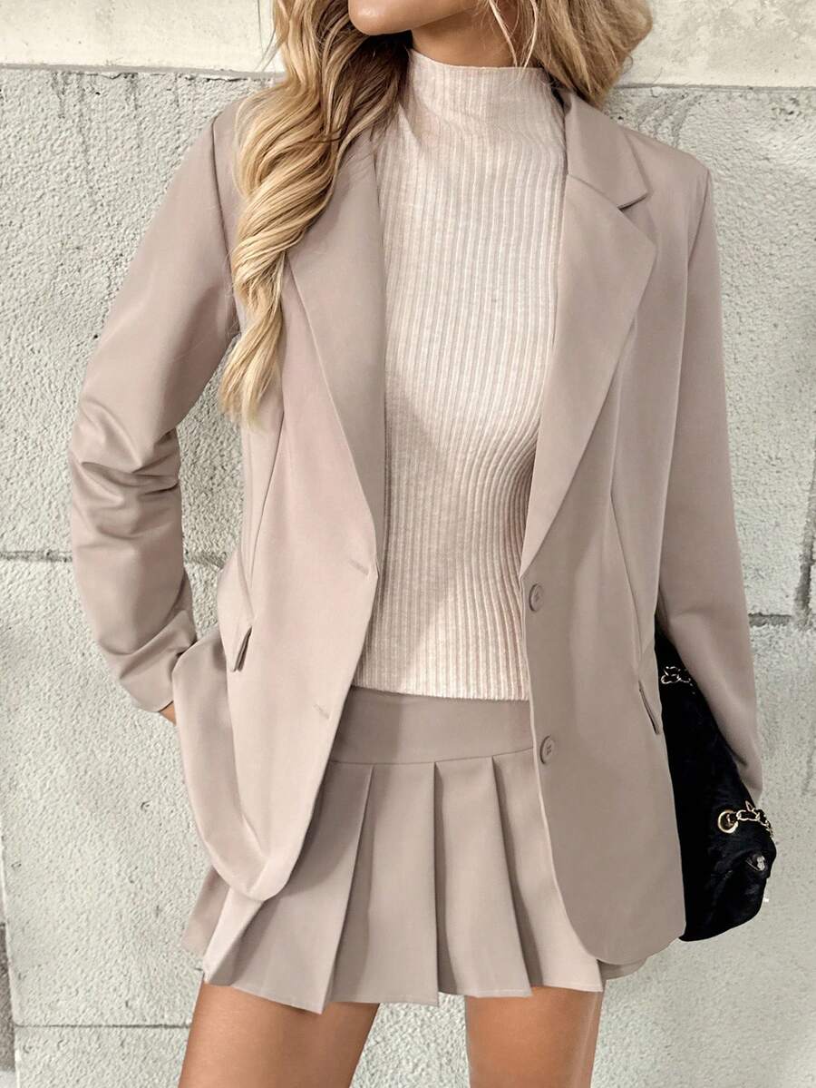 New Lapel Collegiate Style Slimming Fashion Long Sleeve Pleated Skirt Women's Suit Set - Khaki - View 1