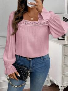 EMERY ROSE Plus Size Women's Casual Solid Color Square Collar Long Sleeve Shirt - Pink - View 6