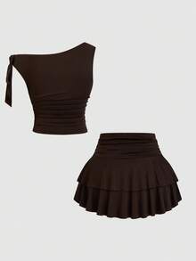 Sweetra Bộ váy hai mảnh tối giản không tay xếp ly eo kim loại màu nâu, trang trí vai bất đối xứng cỡ lớn - màu nâu - Xem 10