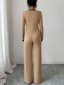 Elenzga 女士休闲通勤时尚舒适优雅撞色开衫、吊带背心和直筒裤三件套，春秋 - 彩色 - 查看 2