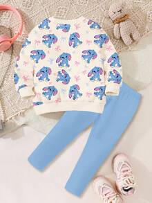 SHEIN 2pcs/Set Young Girl Cream White & Blue Cute Cartoon Rabbit Lulu, Bow, Stitch Graphic Soft Round Neck Long Sleeve Sweatshirt And Leggings, Autumn/Winter Outfit Fall - Multicolor - View 2