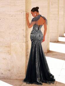 Glamrae 优雅奢华珍珠亮片网眼美人鱼连衣裙，流苏袖设计，适合婚礼、派对、度假、舞会礼服（重饰） - 黑色 - 查看 2