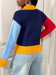 BamGleam Suéter de Tricô Casual com Mangas Longas, Gola Colorida para Outono/Inverno Feminino - Multicolorido - Visão 2