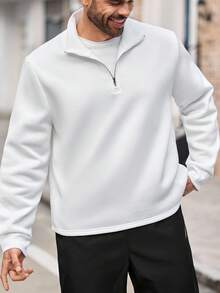 EASEVO Men's Plus Size Fashion Casual Solid Color Half Zip Pullover Sweatshirt, Fall, Winter, Long Sleeve Top - White - View 6