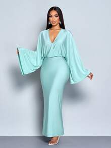 SOLERSUN Women's Elegant Mint Green Autumn Deep V Slim Long Dress, Loose Collar Fall Dresses For Parties,Dinner,Afternoon Tea,Daily Outings And Halloween - Green - View 5