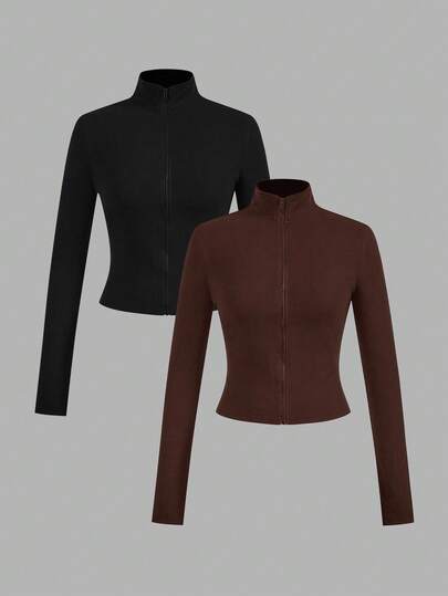 SHEIN EZwear 2 Stücke dunkelbraune & schwarze gestrickte Reißverschluss-Langarm-T-Shirts für Damen, Herbst/Winter