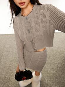 INAWLY Ensemble pull torsadé en tricot de câble et mini-jupe - Gris - Voir 7
