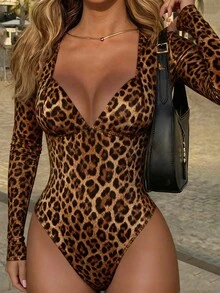 SHEIN 这款棕色长袖连体衣修身简约，适合通勤等各种场合。豹纹长袖秋季女装，连体衣套装。 - 咖啡棕 - 查看 3