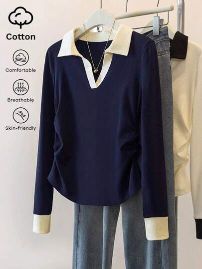 Franclia Contrast Collar T-Shirt, Contrast Trim At Collar & Cuffs, Waist Ruched, Comfortable T-Shirt