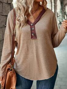 EMERY ROSE 全新时尚休闲V领撞色纽扣长袖女式T恤上衣 - 卡其色 - 查看 5