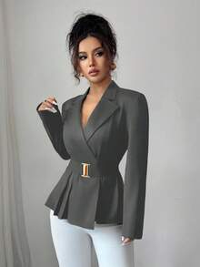 GlowEve 女式优雅缺口领收腰黑色西装外套 - 灰色 - 查看 6