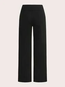 SHEIN EZwear 2 件套女士休闲高腰卷边阔腿直筒裤，适合夏季 - 黑色 - 查看 4
