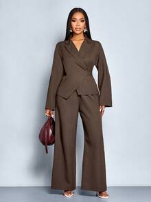 SOLERSUN Women's Elegant Commuting Coffee Tweed Wrap Blazer With Front Tie Back And Wide Leg Pants Suits Fall Cloth For Women - Coffee Brown - View 7